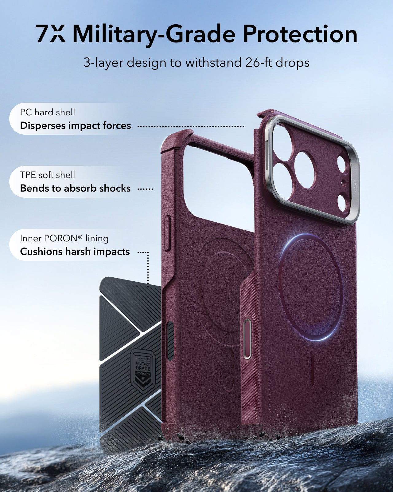 ESR Deep Burgundy iPhone 18 Pro Tough Phone Case Magsafe with Stand 7X Military-Grade Protection