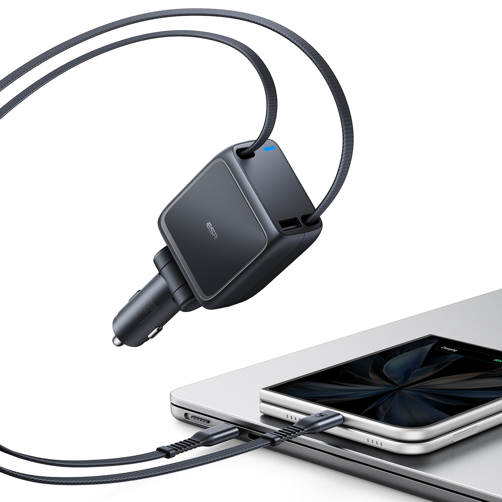 ESR Xtend 100W Retractable Car Charger with Dual Cables - Black