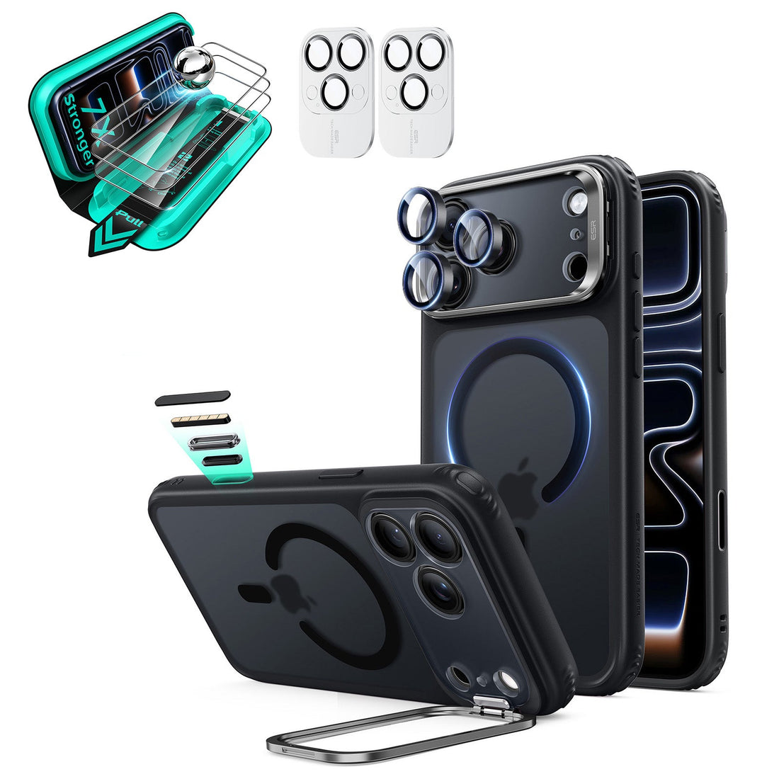 Frosted Black iPhone 18 Pro Magsafe Slim Phone Case with Stand pair tempered glass screen protector and camera lens protector