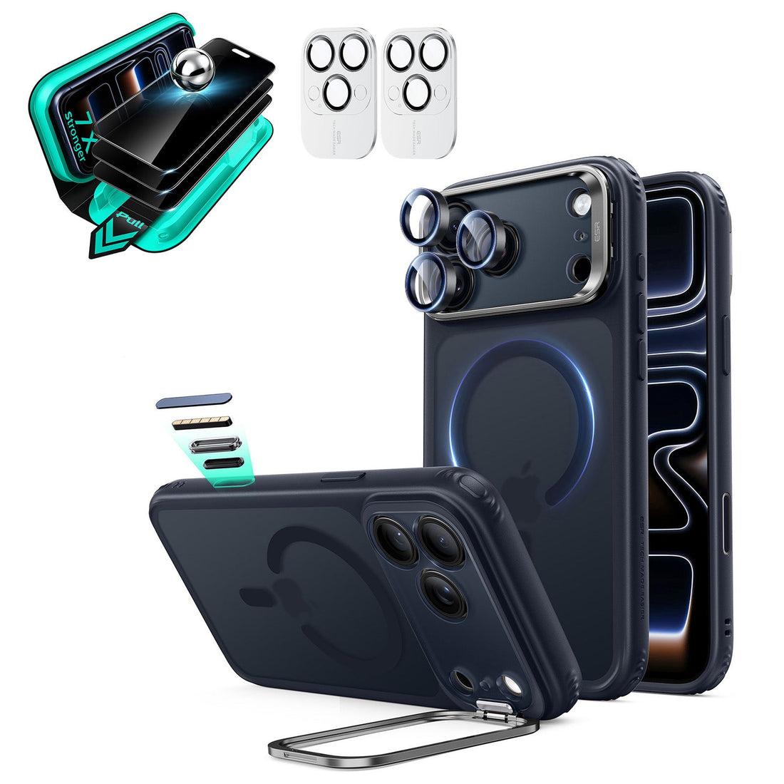 Frosted Blue iPhone 18 Pro Magsafe Slim Phone Case with Stand pair tempered glass privacy screen protector and camera lens protector