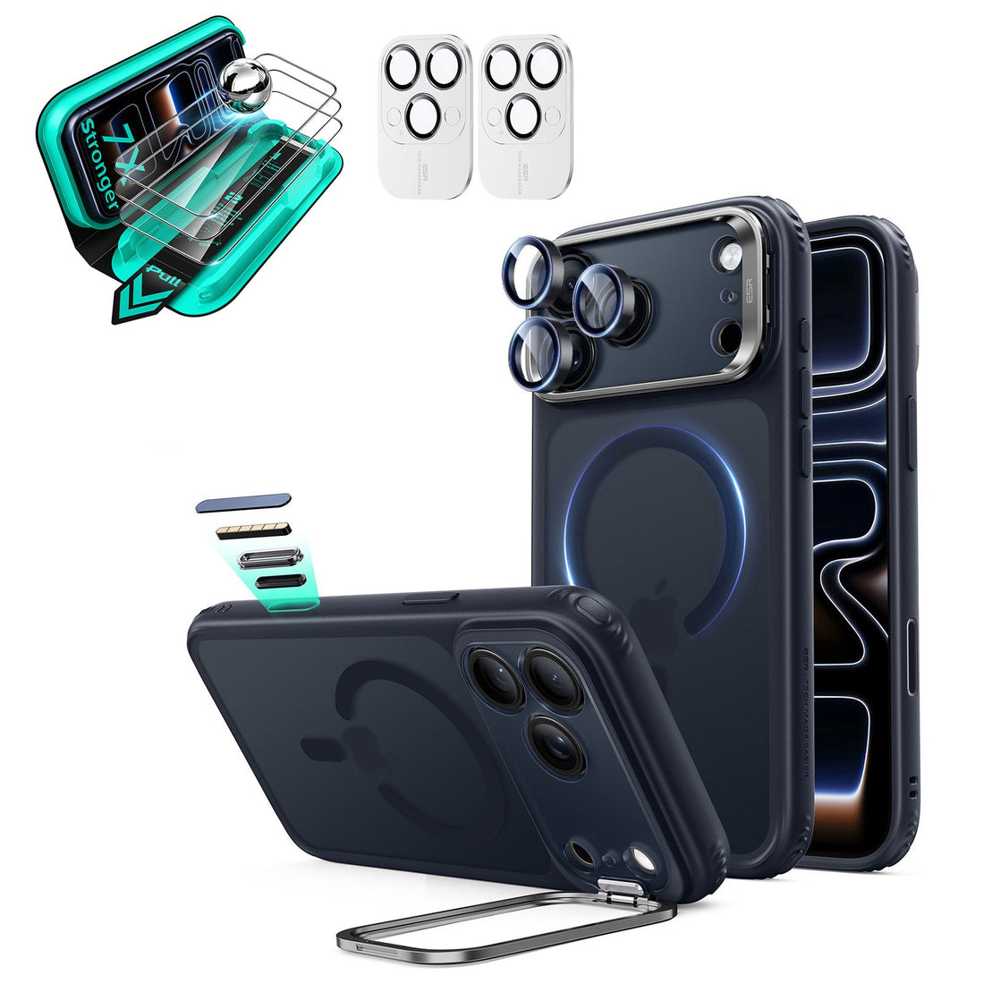 Frosted Blue iPhone 18 Pro Magsafe Slim Phone Case with Stand pair tempered glass screen protector and camera lens protector