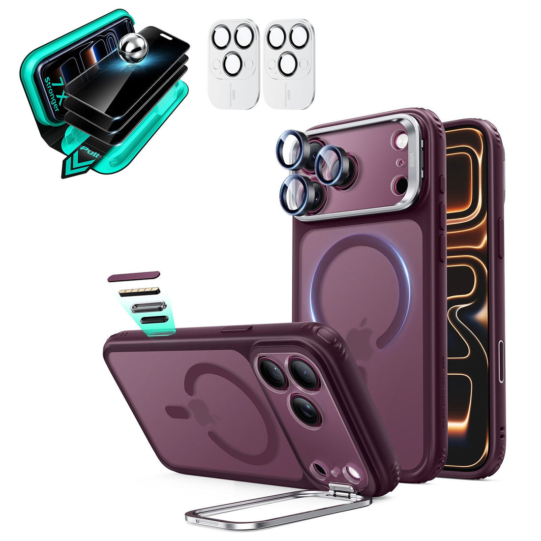 Frosted Burgundy iPhone 18 Pro Magsafe Slim Phone Case with Stand pair tempered glass privacy screen protector and camera lens protector