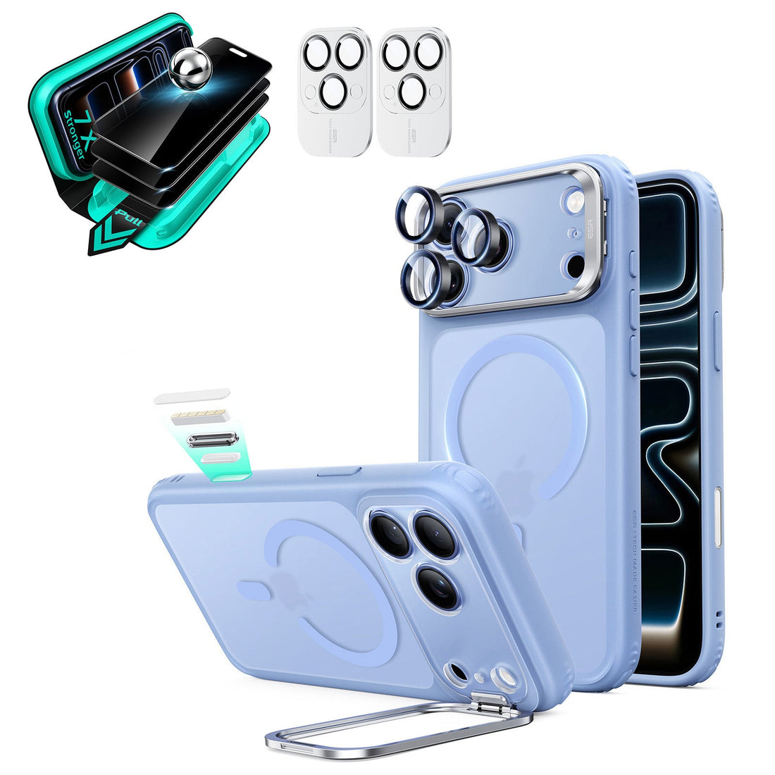 Frosted Misty Blue iPhone 18 Pro Magsafe Slim Phone Case with Stand pair tempered glass privacy screen protector and camera lens protector