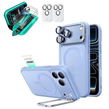 Frosted Misty Blue iPhone 18 Pro Magsafe Slim Phone Case with Stand pair tempered glass screen protector and camera lens protector