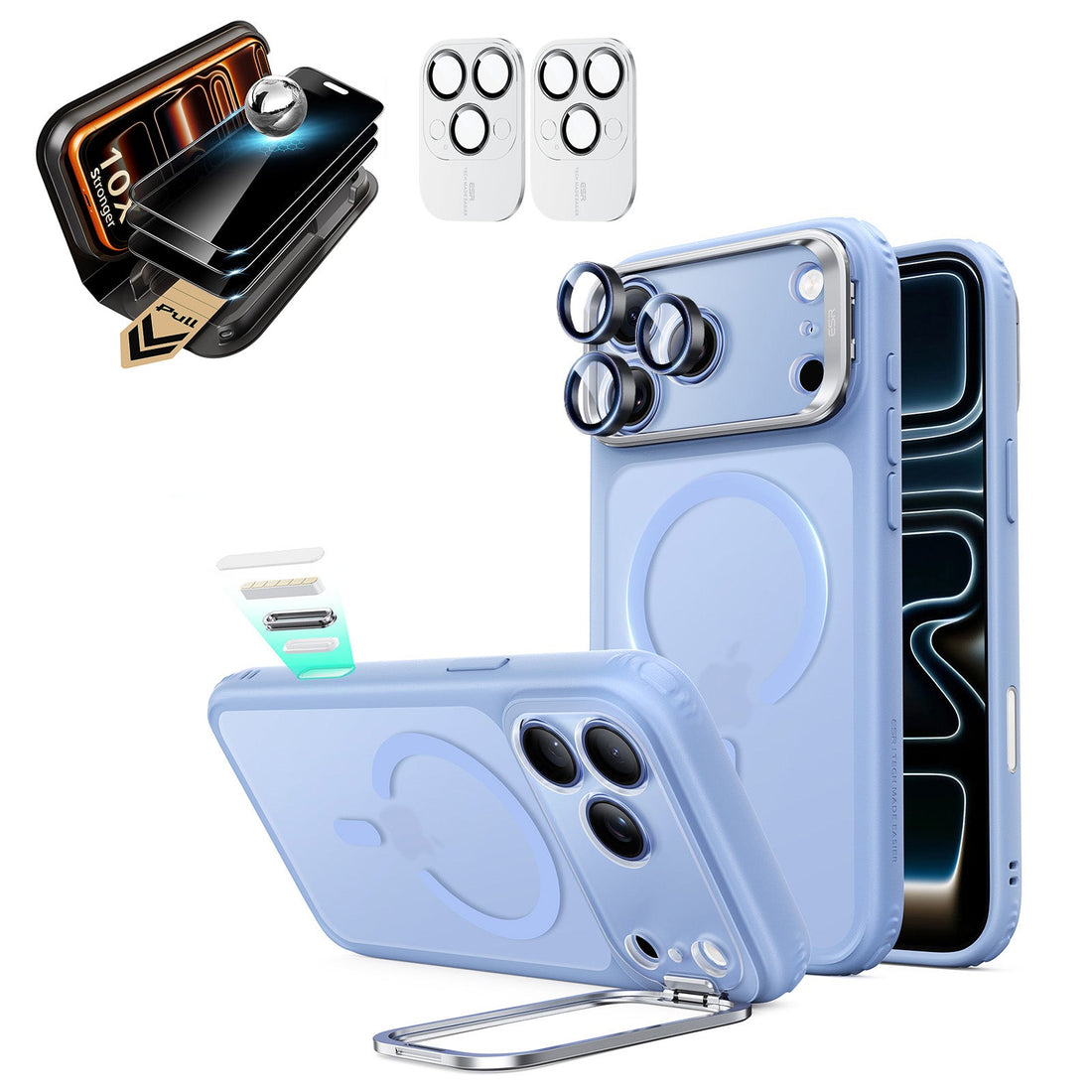 Frosted Misty Blue iPhone 18 Pro Max Magsafe Slim Phone Case with Stand pair corning privacy glass privacy screen protector and camera lens protector