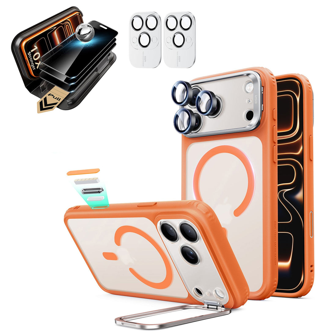 Frosted Orange iPhone 18 Pro Max Magsafe Slim Phone Case with Stand pair corning privacy glass privacy screen protector and camera lens protector