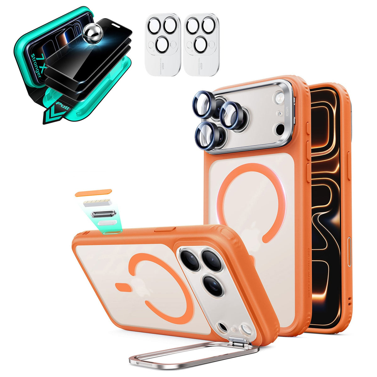 Frosted Orange iPhone 18 Pro Max Magsafe Slim Phone Case with Stand pair tempered glass privacy screen protector and camera lens protector