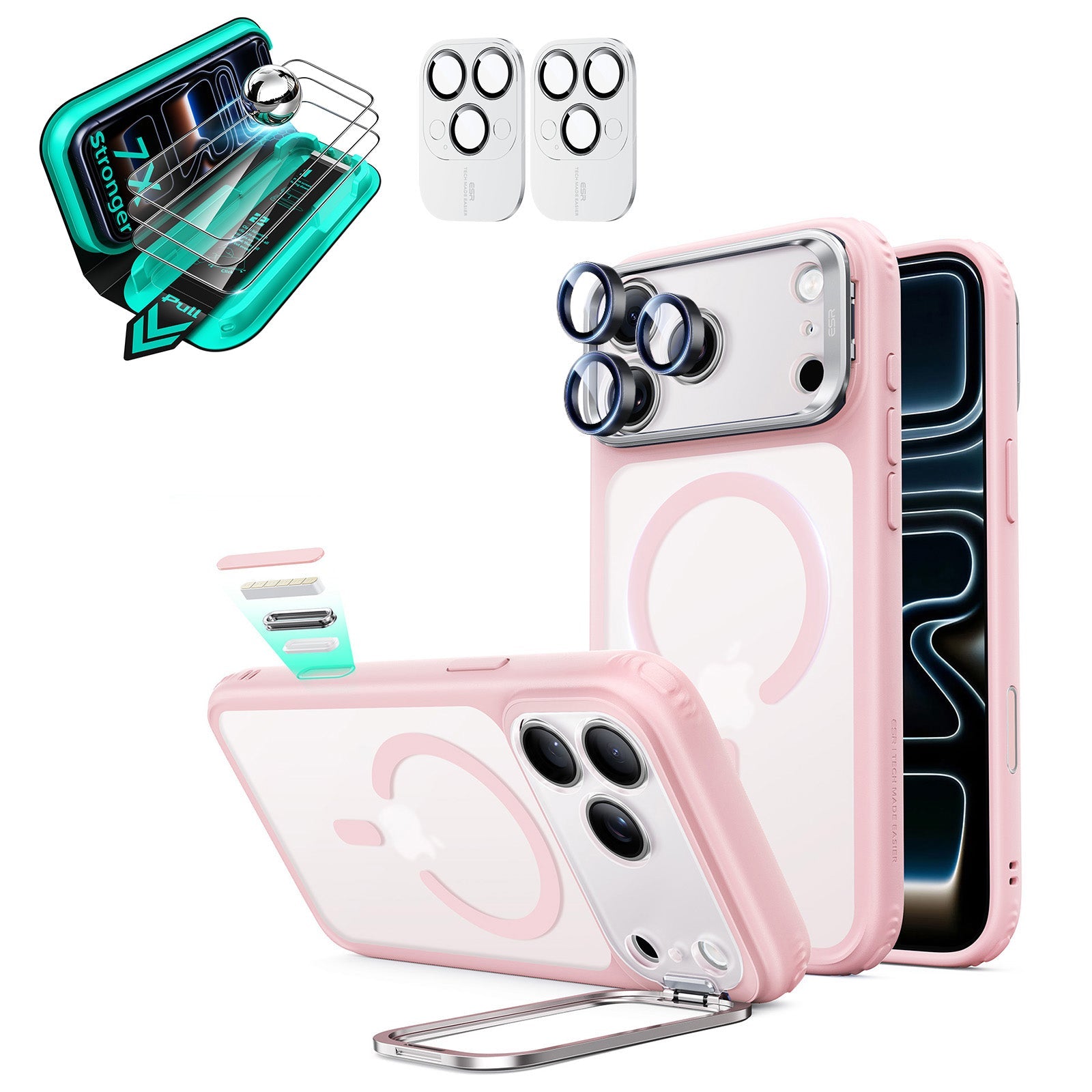 Frosted Pink Phone 18 Pro Magsafe Slim Phone Case with Stand pair tempered glass screen protector and camera lens protector