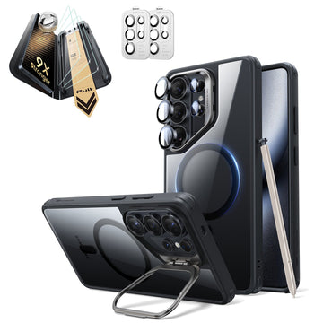 Galaxy S26 Ultra Classic Hybrid Magsafe Case with Stand and Corning Glass Screen Protector Set Clear Black