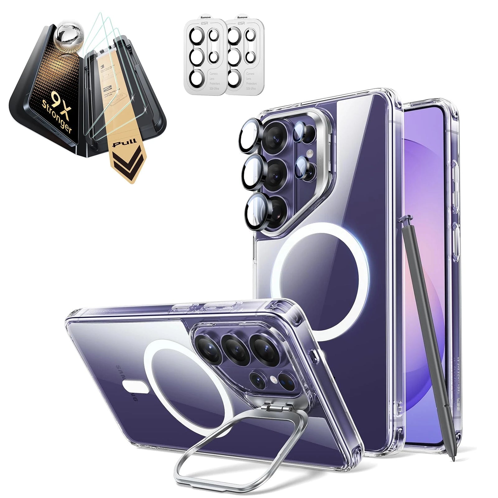 Galaxy S26 Ultra Classic Hybrid Magsafe Case with Stand and Corning Glass Screen Protector Bundle Clear