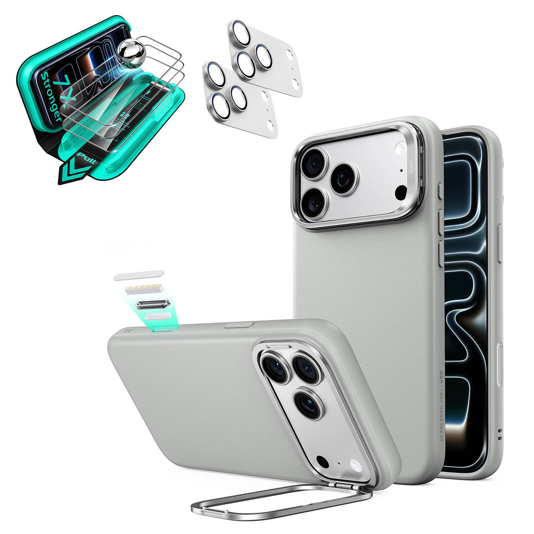 Gray Vegan Leather iPhone 18 Pro Magsafe Phone Case with Stand pair tempered glass screen protector and camera lens protector