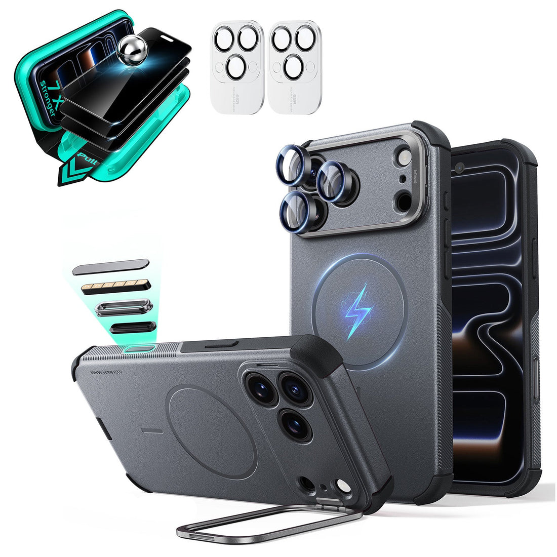 Gray iPhone 18 Pro Cyebr Tough Magsafe Phone Case with Stand pair tempered glass privacy screen protector and camera lens protector
