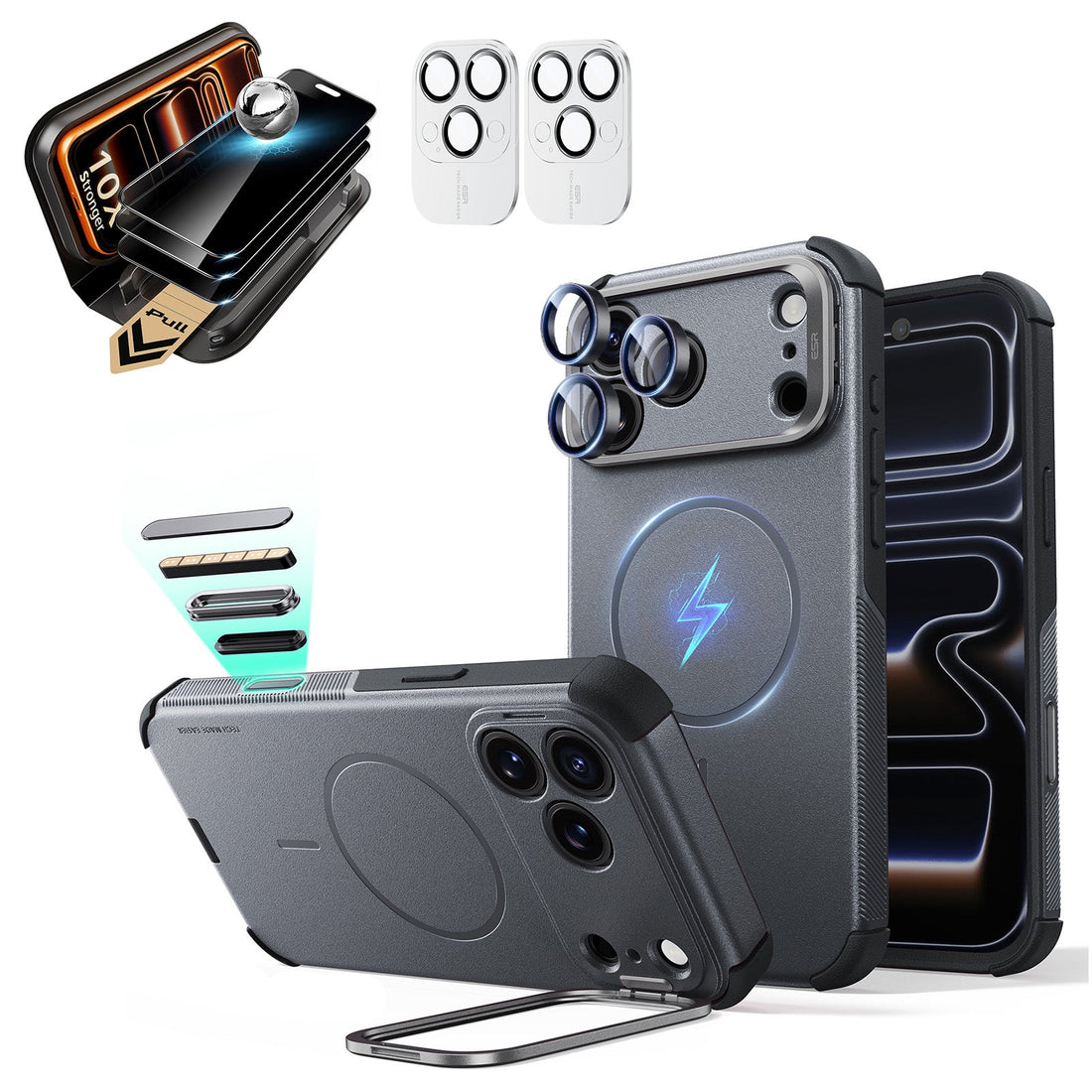 Gray iPhone 18 Pro Cyebr Tough Magsafe Phone Case with Stand pair corning glass privacy screen protector and camera lens protector