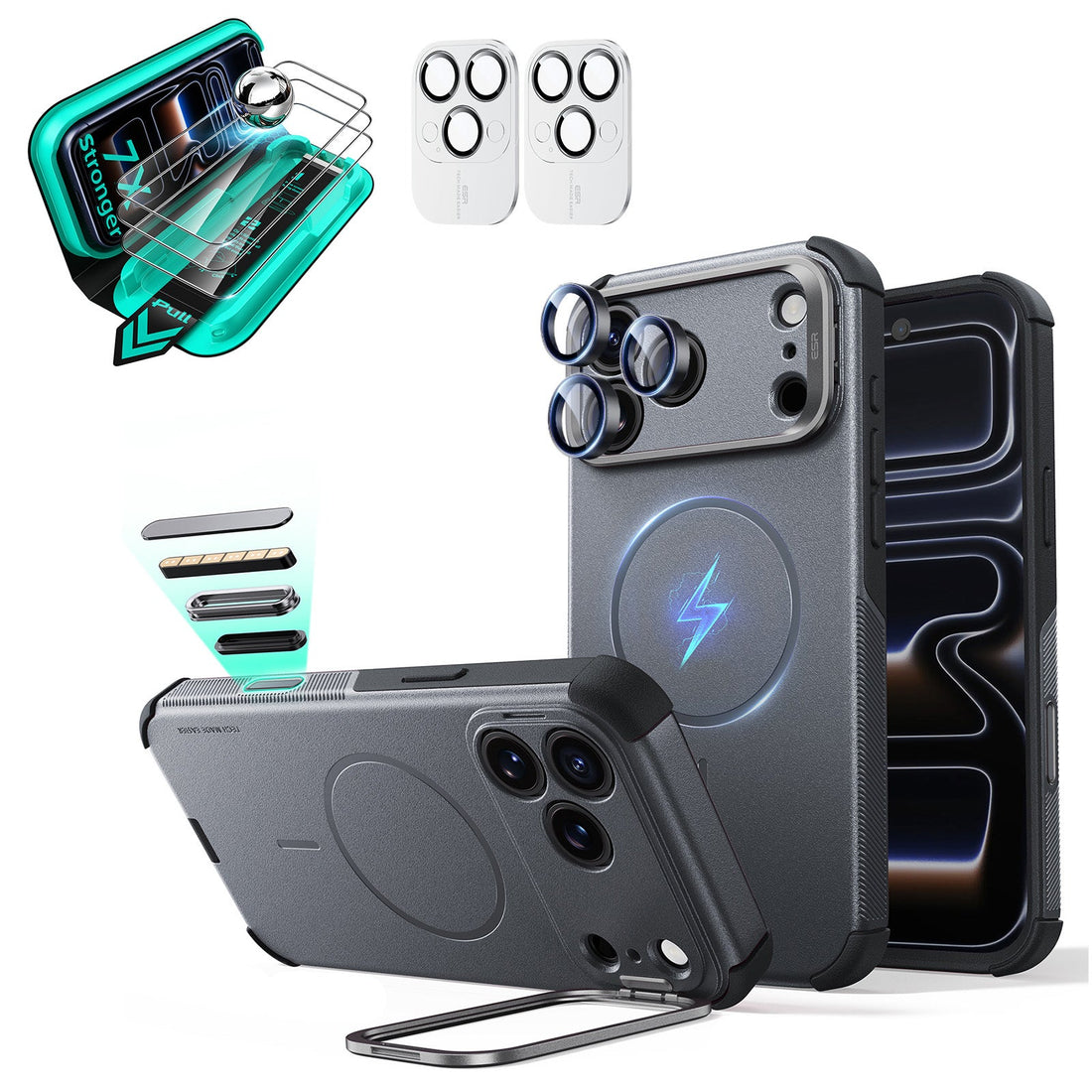 Gray iPhone 18 Pro Max Cyebr Tough Magsafe Phone Case with Stand pair tempered glass screen protector and camera lens protector
