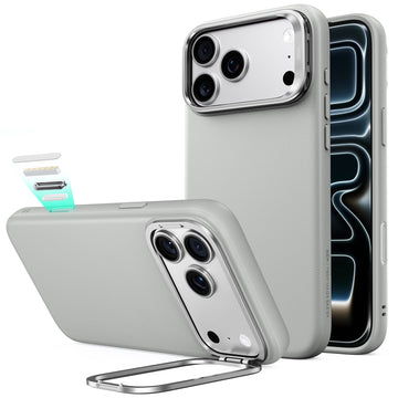 Light Gray Leather iPhone 18 Pro Magsafe Case with Stand