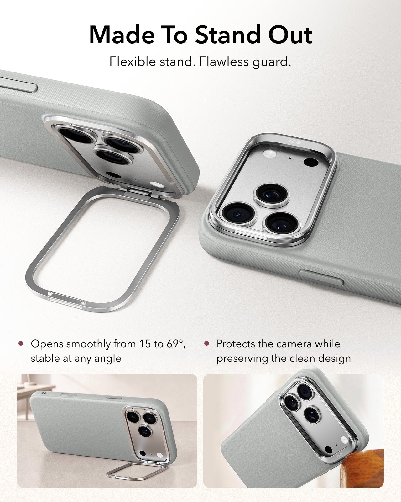 ESR Light Gray Leather iPhone 18 Pro Magsafe Case with Stand Made To Stand Out