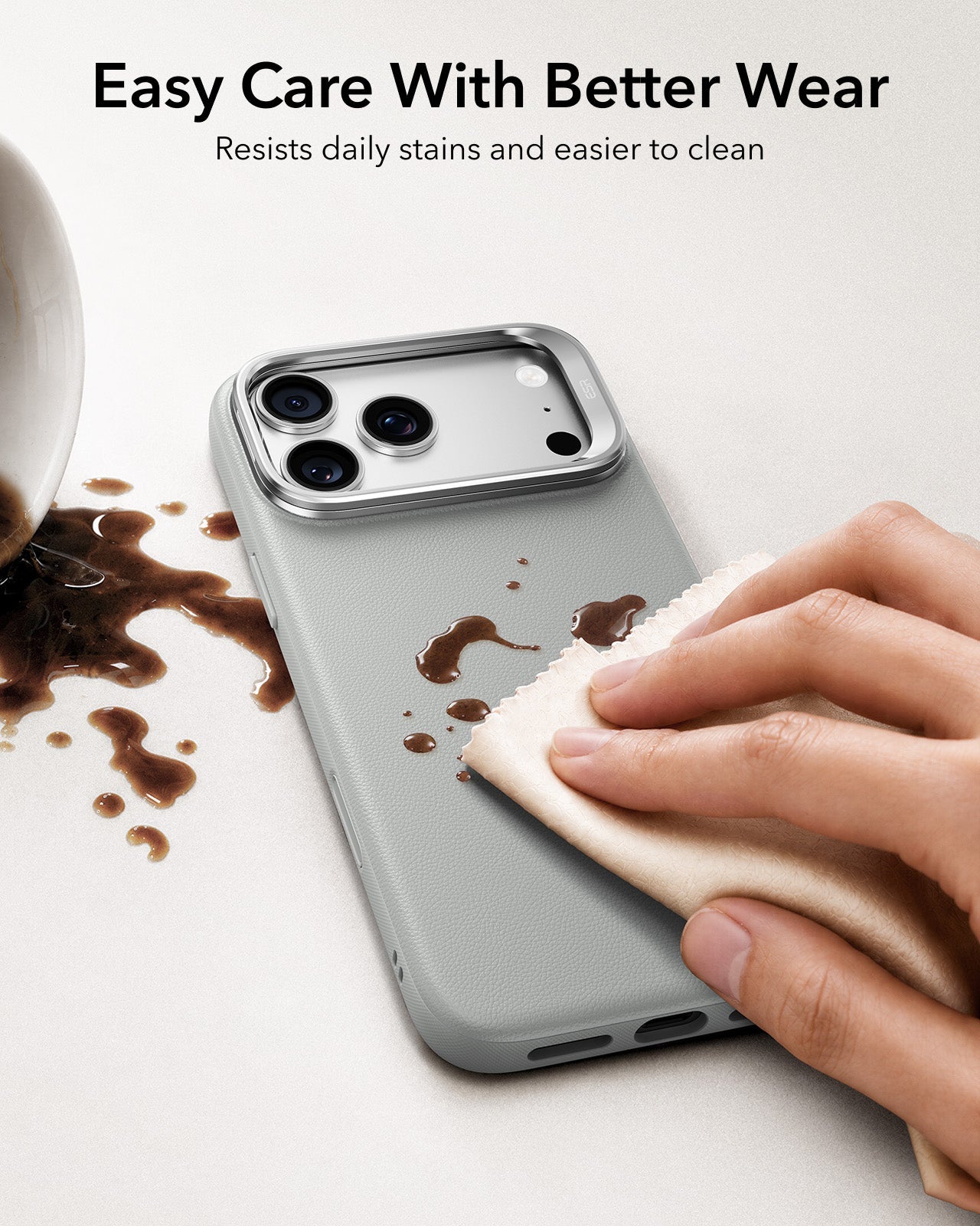 ESR Light Gray Leather iPhone 18 Pro Max Magsafe Case with Stand Easy Care With Better Wear