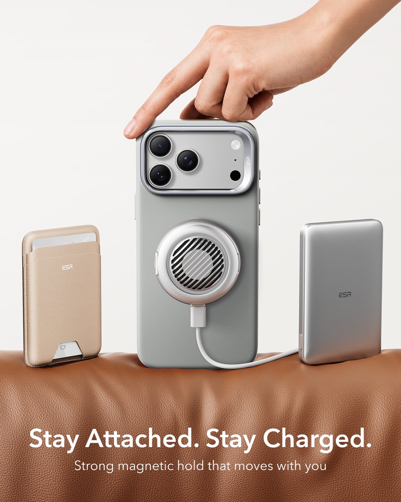 ESR Light Gray Leather iPhone 18 Pro Max Magsafe Case with Stand Stay Attached. Stay Charged