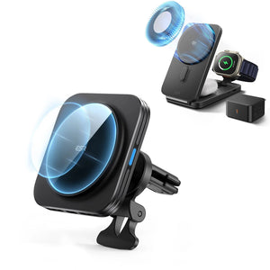 Magnetic Wireless Car Charger and 25W CryoBoost Foldable 3-in-1 Charger Bundle - EU Plug–Black