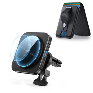 Magnetic Wireless Car Charger and Geo Wallet Stand Bundle-Black