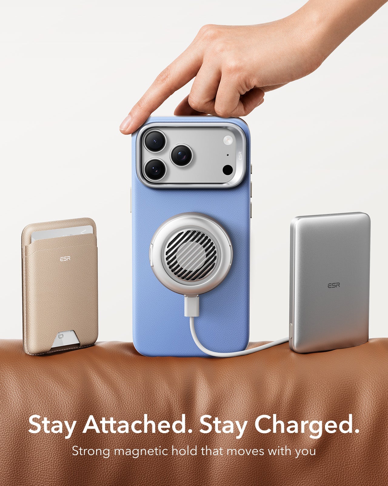 ESR Misty Blue Leather iPhone 18 Pro Magsafe Case with Stand Stay Attached. Stay Charged