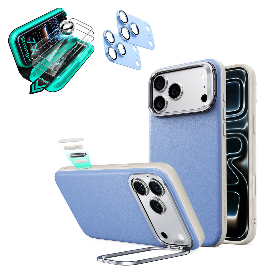 Misty Blue Vegan Leather iPhone 18 Pro Magsafe Phone Case with Stand pair tempered glass screen protector and camera lens protector