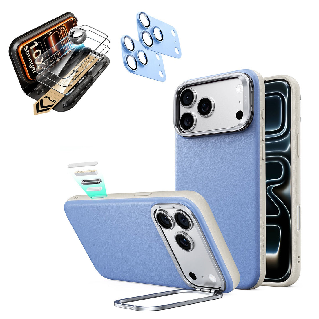 Misty Blue Vegan Leather iPhone 18 Pro Max Magsafe Phone Case with Stand pair corning glass  screen protector and camera lens protector