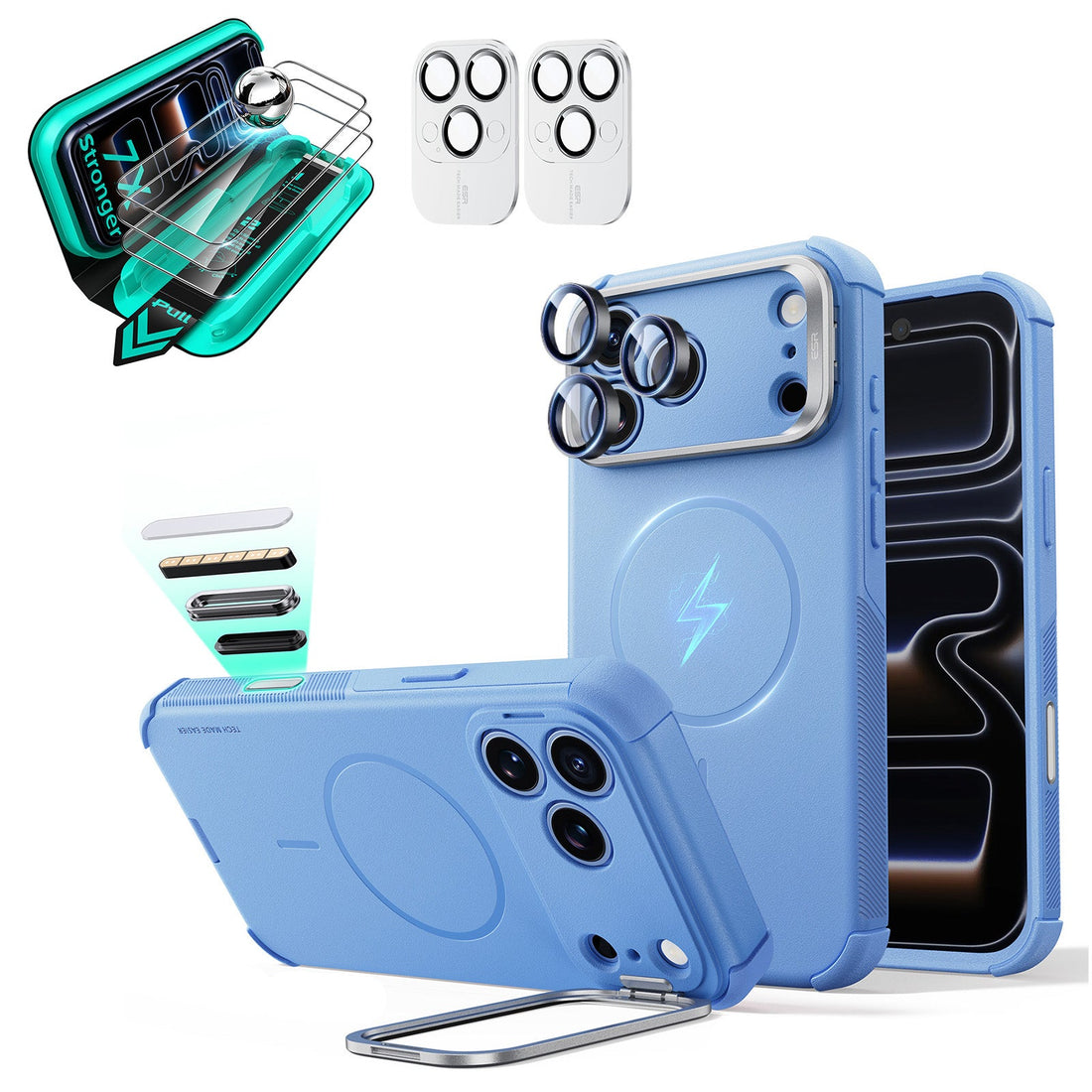 Misty Blue iPhone 18 Pro Cyebr Tough Magsafe Phone Case with Stand pair tempered glass screen protector and camera lens protector