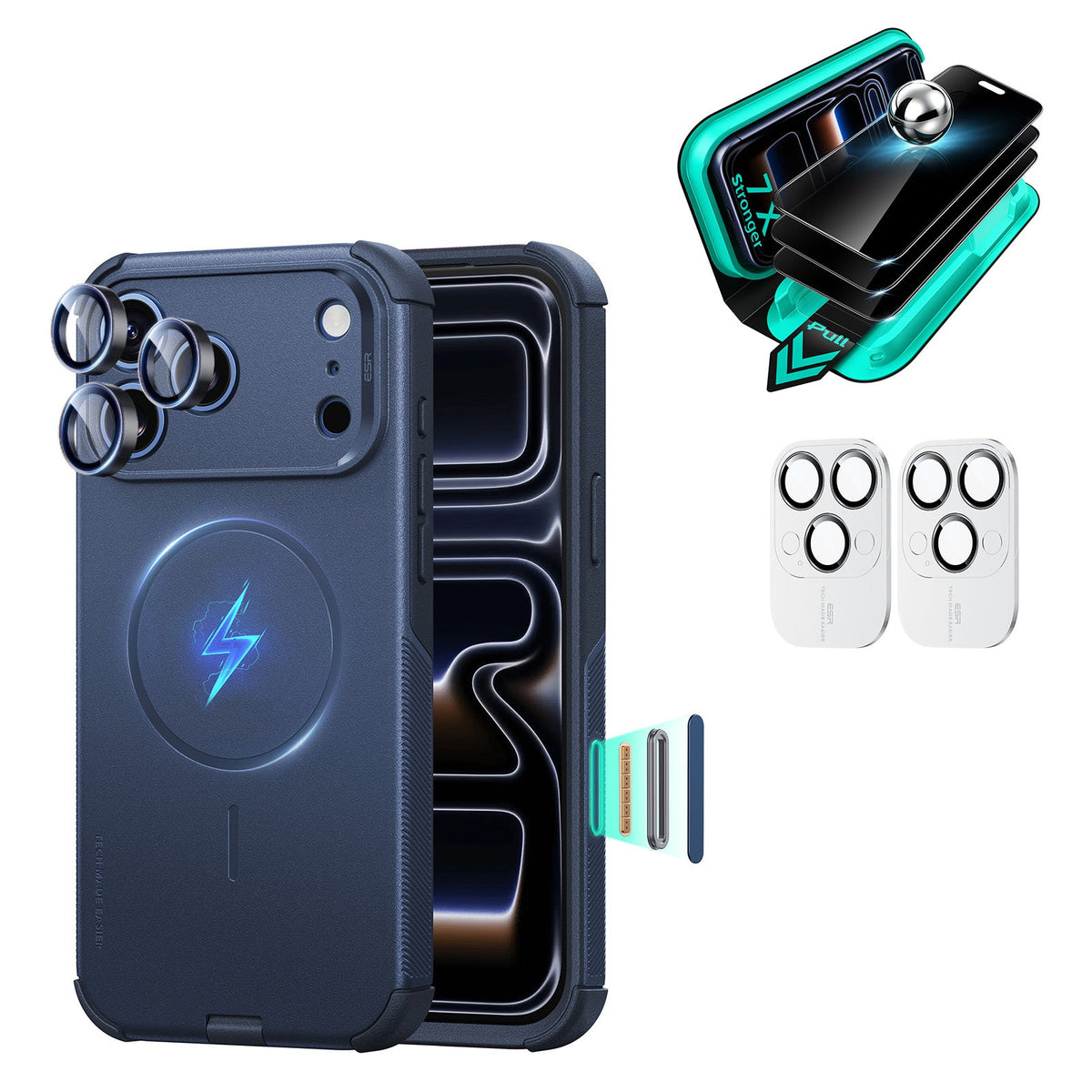Navy blue iPhone 18 Pro Cyber Tough Magsafe Case  with armorite tempered glass privacy screen protector and camera lens protector