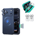 Navy blue iPhone 18 Pro Cyber Tough Magsafe Case  with armorite tempered glass screen protector and camera lens protector