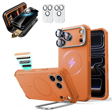 Orange iPhone 18 Pro Cyebr Tough Magsafe Phone Case with Stand pair corning glass privacy screen protector and camera lens protector