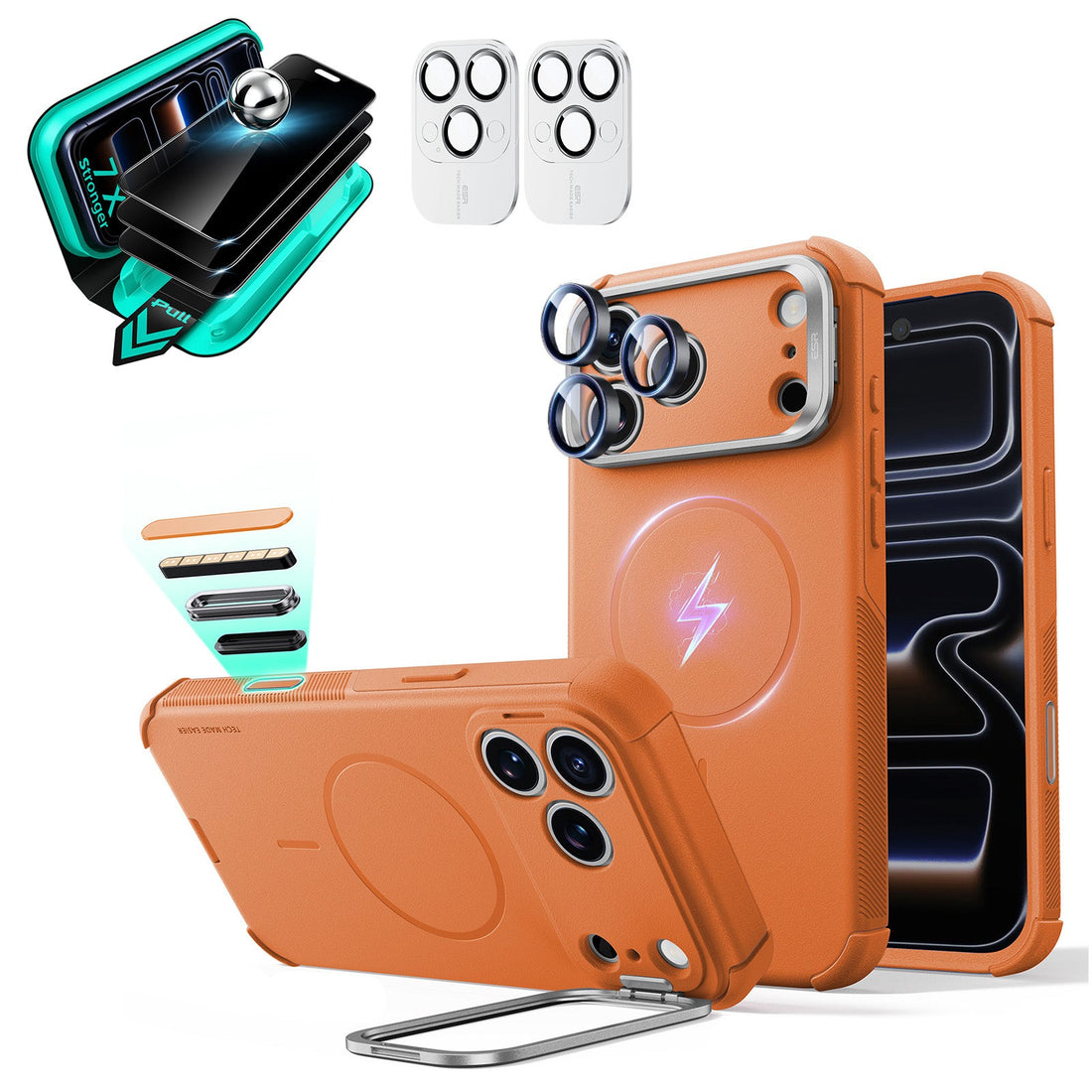 Orange iPhone 18 Pro Max Cyebr Tough Magsafe Phone Case with Stand pair tempered glass privacy screen protector and camera lens protector
