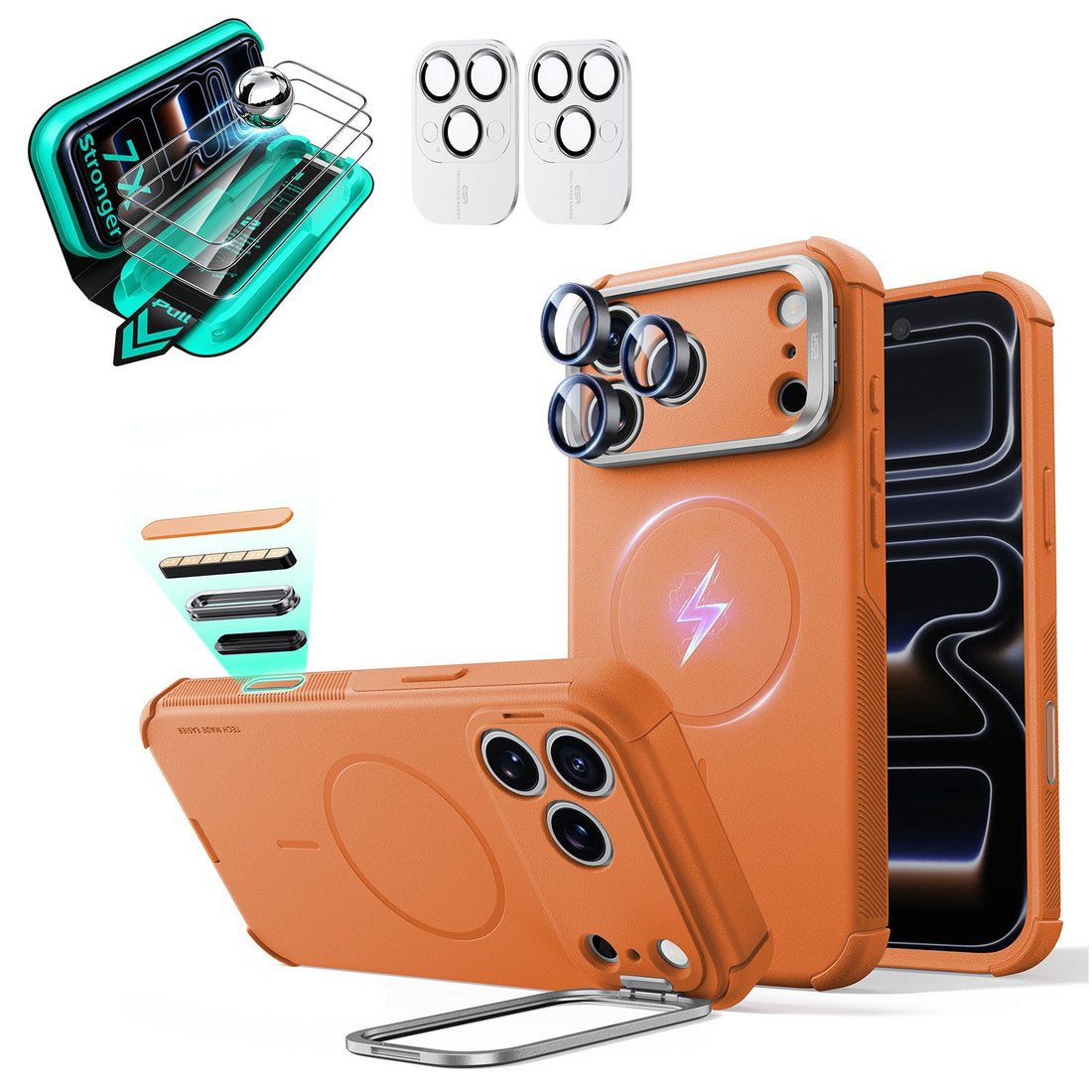 Orange iPhone 18 Pro Max Cyebr Tough Magsafe Phone Case with Stand pair tempered glass screen protector and camera lens protector