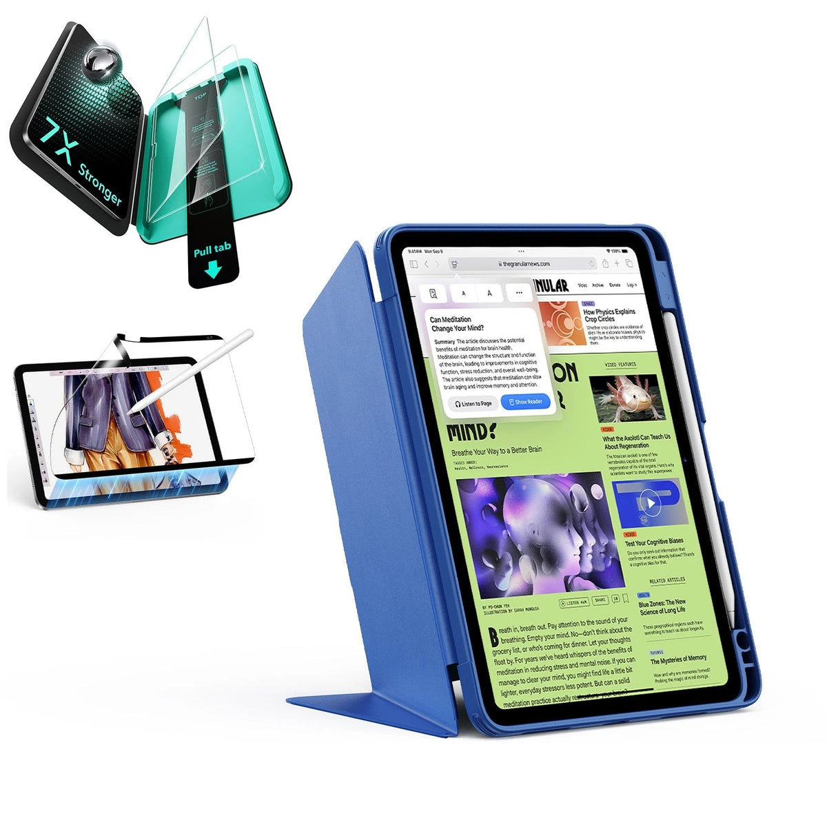 iPad Air 11" 2025 Bundle Flip Magnetic Case Pencil Holder Paper Feel Magnetic & Armorite® Protection Navy Blue