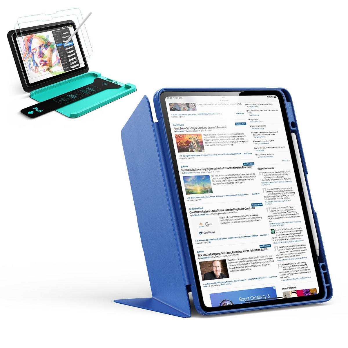 iPad Air 13" 2025 Bundle Flip Magnetic Case Pencil Holder & Armorite® Paper Feel Protection Navy Blue