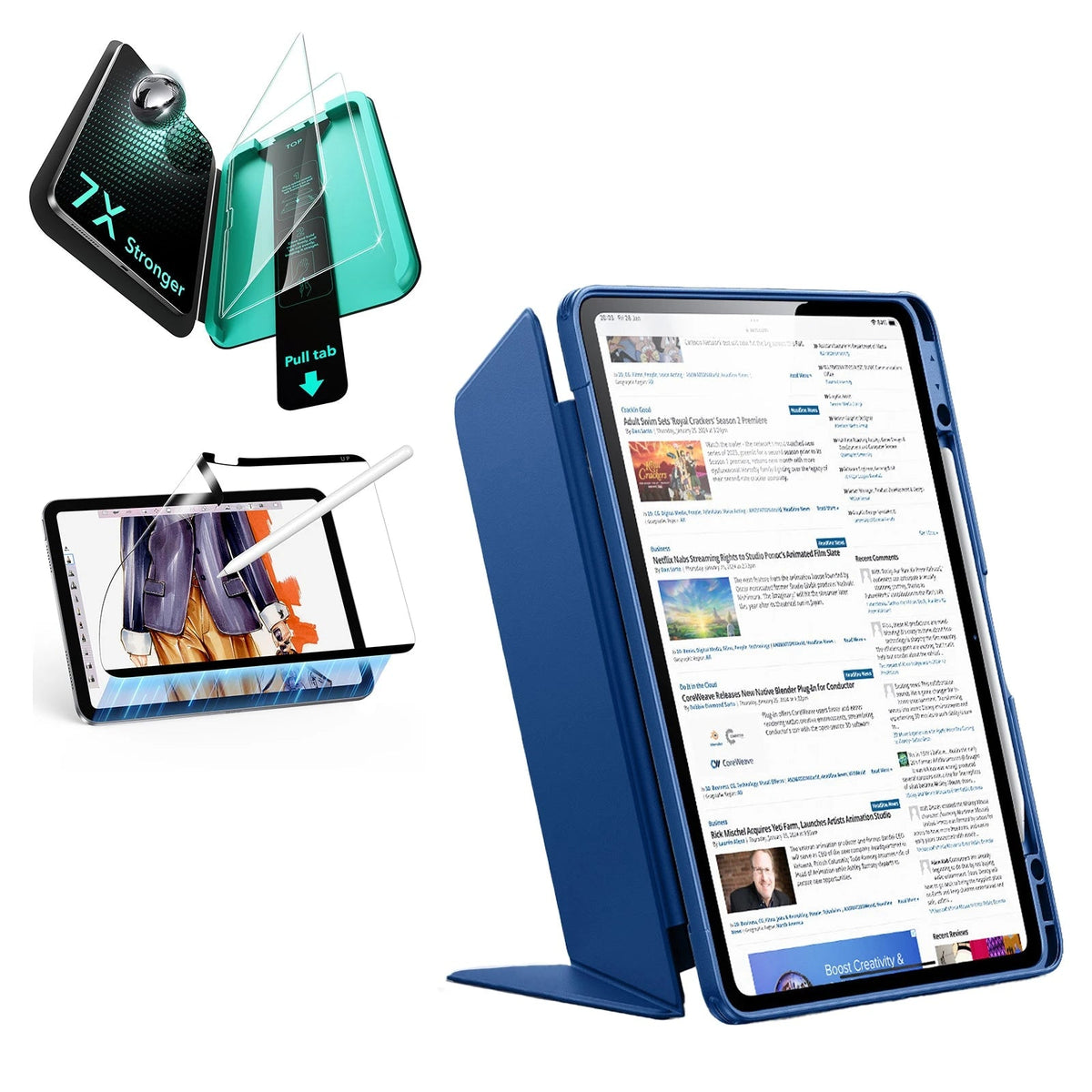 iPad Air 13" 2025 Bundle Flip Magnetic Case Pencil Holder Paper Feel Magnetic & Armorite® Protection Navy Blue