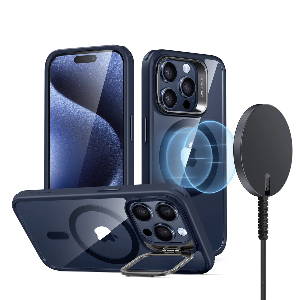 iPhone 15 Pro Snap Stand Charging Bundle Clear Dark Blue