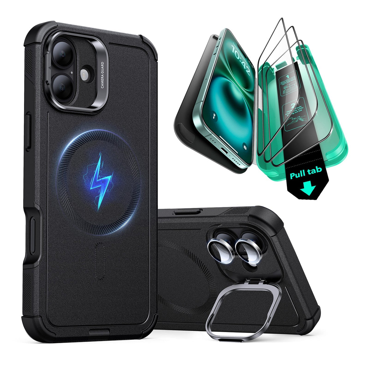 iPhone 16 Plus Cyber Tough Case Stash Stand Protection Bundle