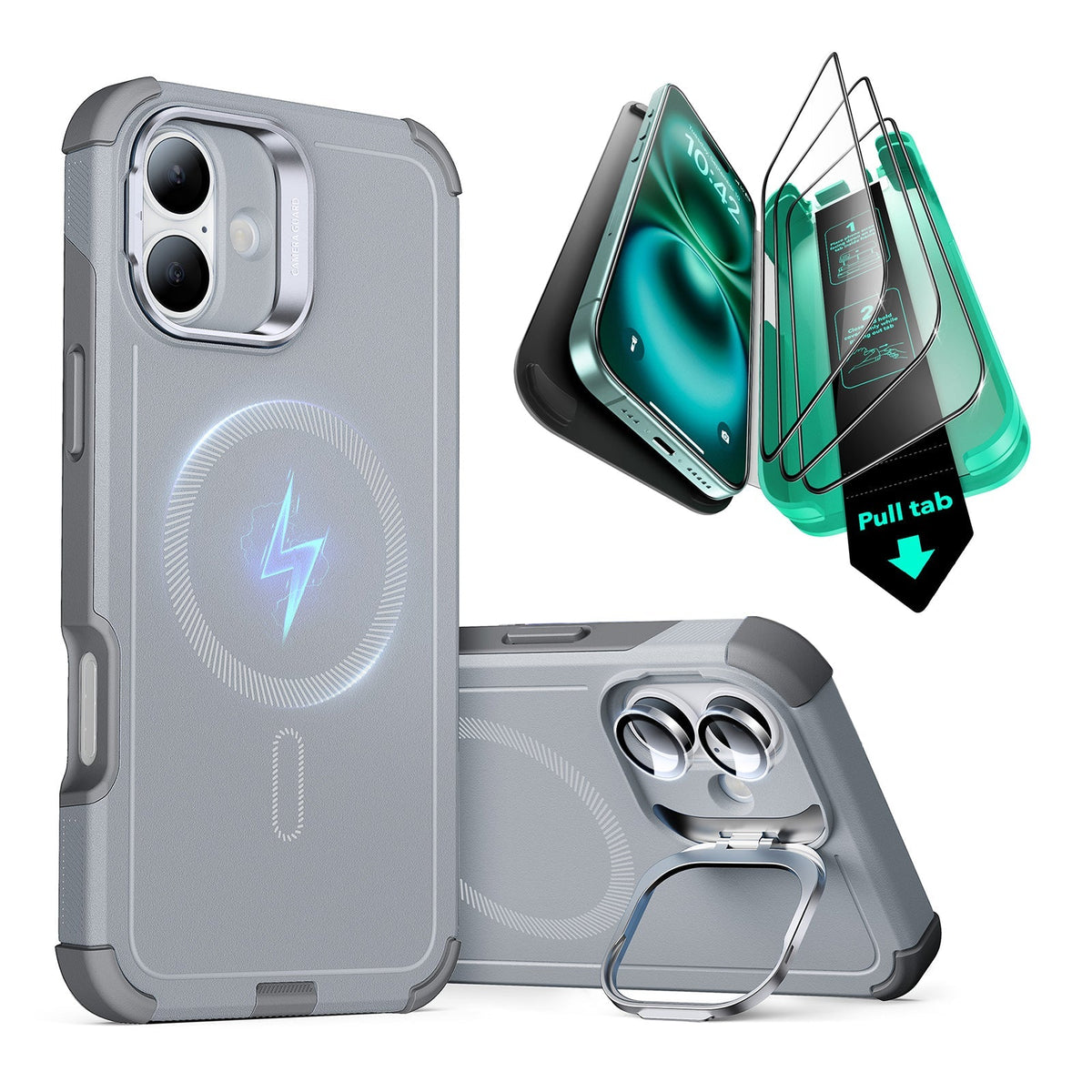 iPhone 16 Plus Cyber Tough Case Stash Stand Protection Bundle Light Grey