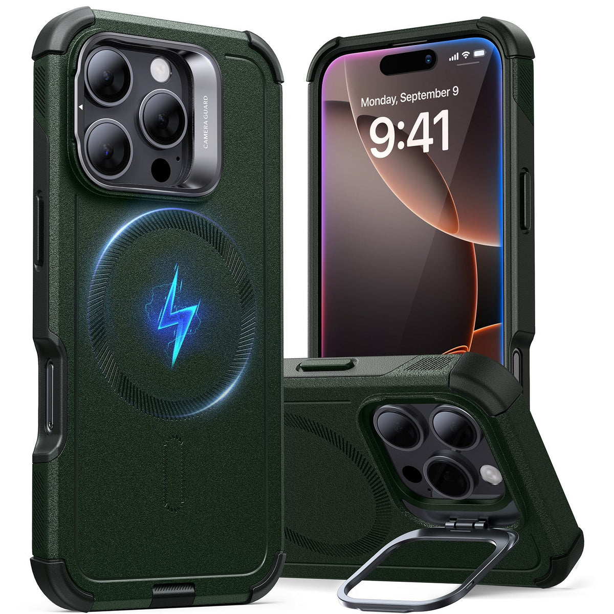 iPhone 16 Pro Cyber Tough Case Stash Stand Dark Green
