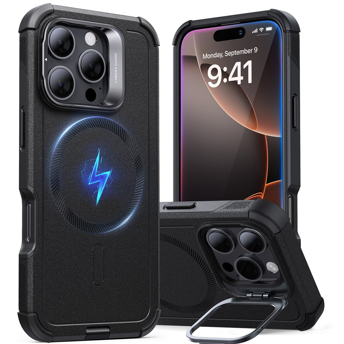 iPhone 16 Pro Cyber Tough Case with Stash Stand (HaloLock) - Black