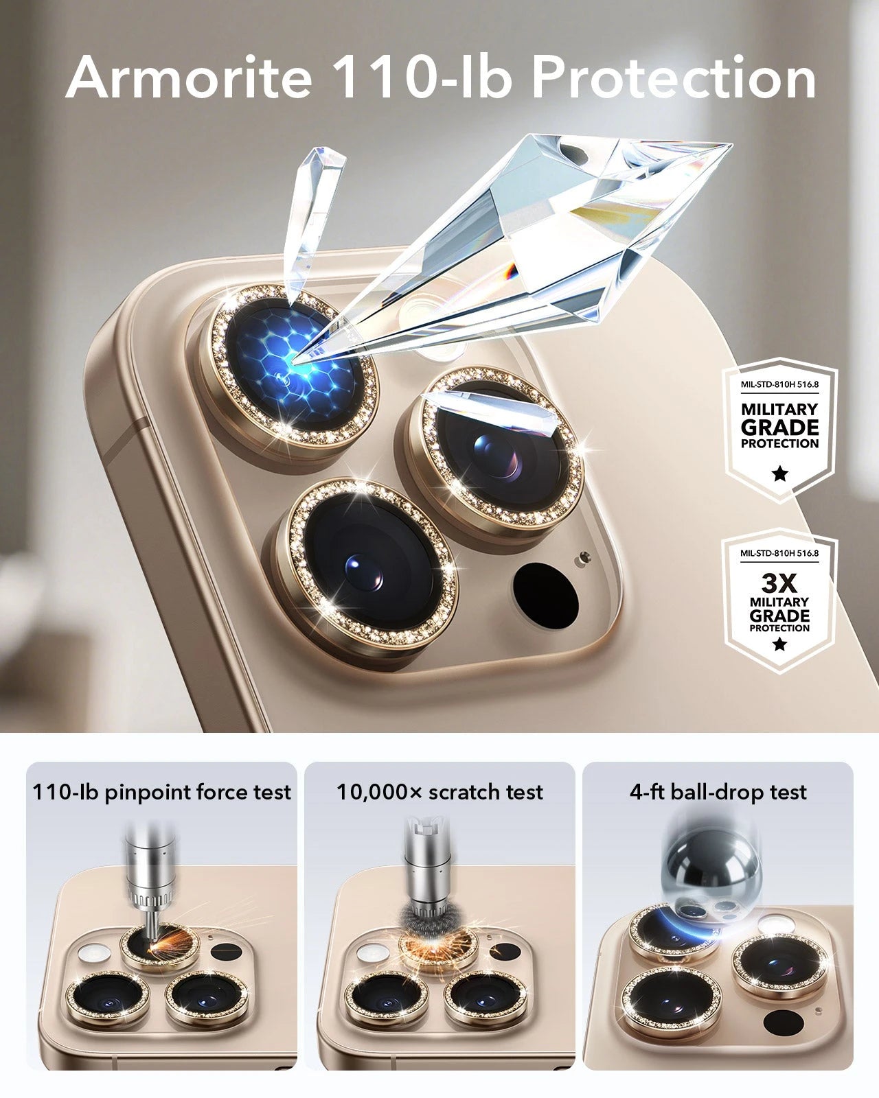 iPhone 17 Pro Max17 Pro16 Pro Max16 Pro15 Pro Max15 Pro14 Pro Max14 Pro Cameras Lens Protector Desert Titanium Shimmer armorite 110-lb protection