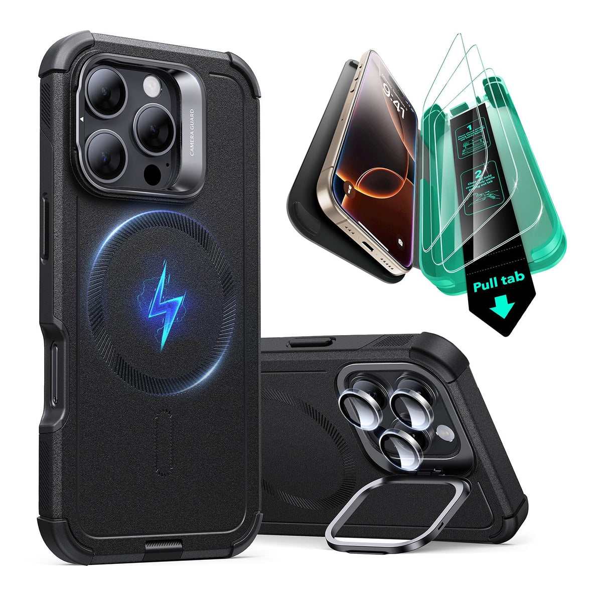iPhone 16 Pro Max Cyber Tough Case Stash Stand Protection Bundle