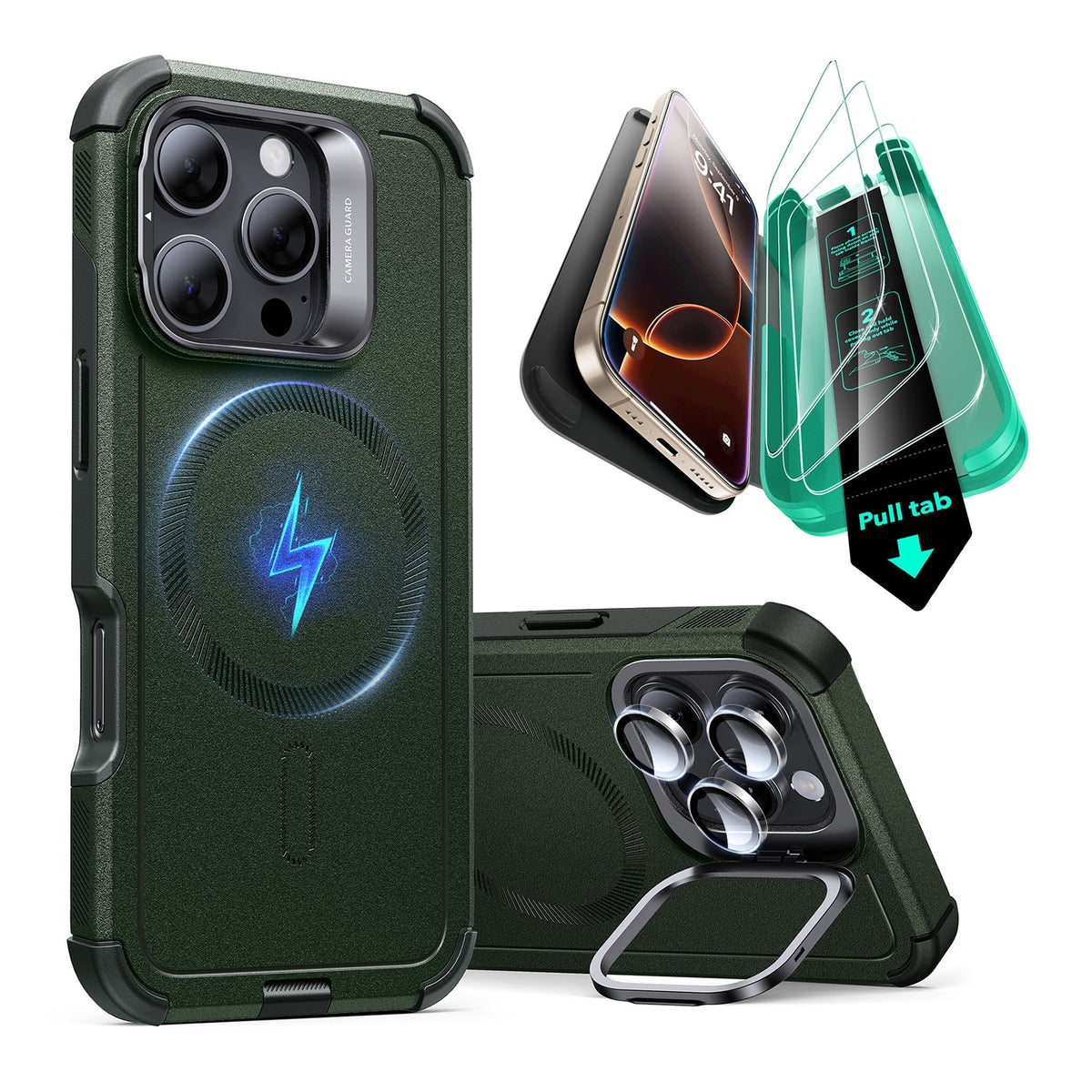 iPhone 16 Pro Cyber Tough Case Stash Stand Protection Bundle Dark Green
