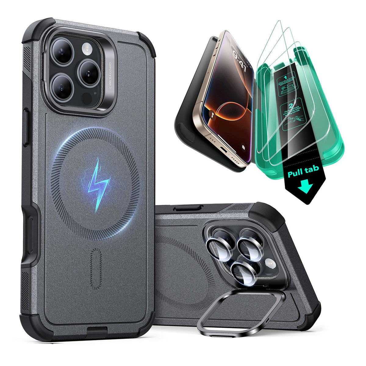 iPhone 16 Pro Cyber Tough Case Stash Stand Protection Bundle