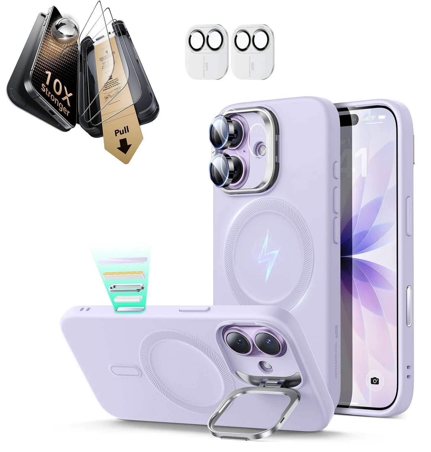 iPhone 17 Silicone Magsafe Case with Stand & Corning Glass Screen Protector Bundle Purple