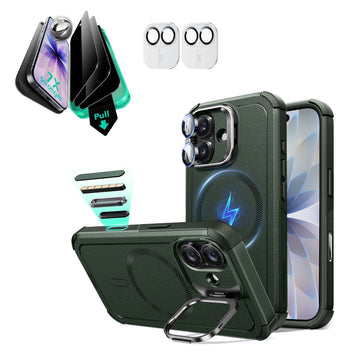 iPhone 17 Cyber Tough Magsafe Case with Stand and Armorite Privacy Screen Protector Green