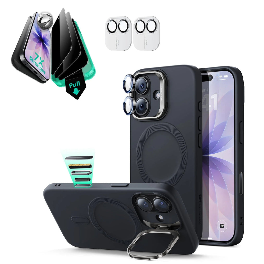 black esr best alternative apple silicone iPhone 17 Cloud Soft Magnetic Case with stash stand and privacy screen protector bundle