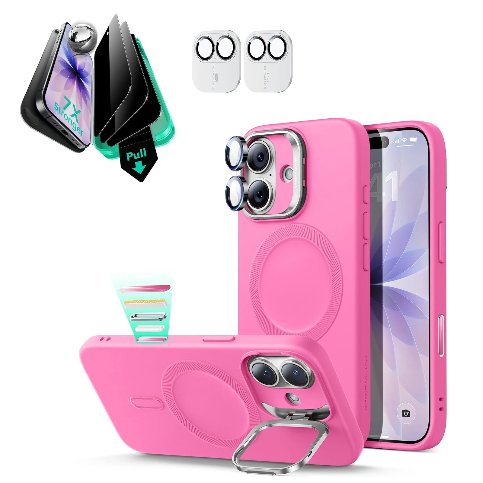 iPhone 17 Cloud Soft Magsafe Case With Stand and Privacy Screen Protector Bundle  Pink