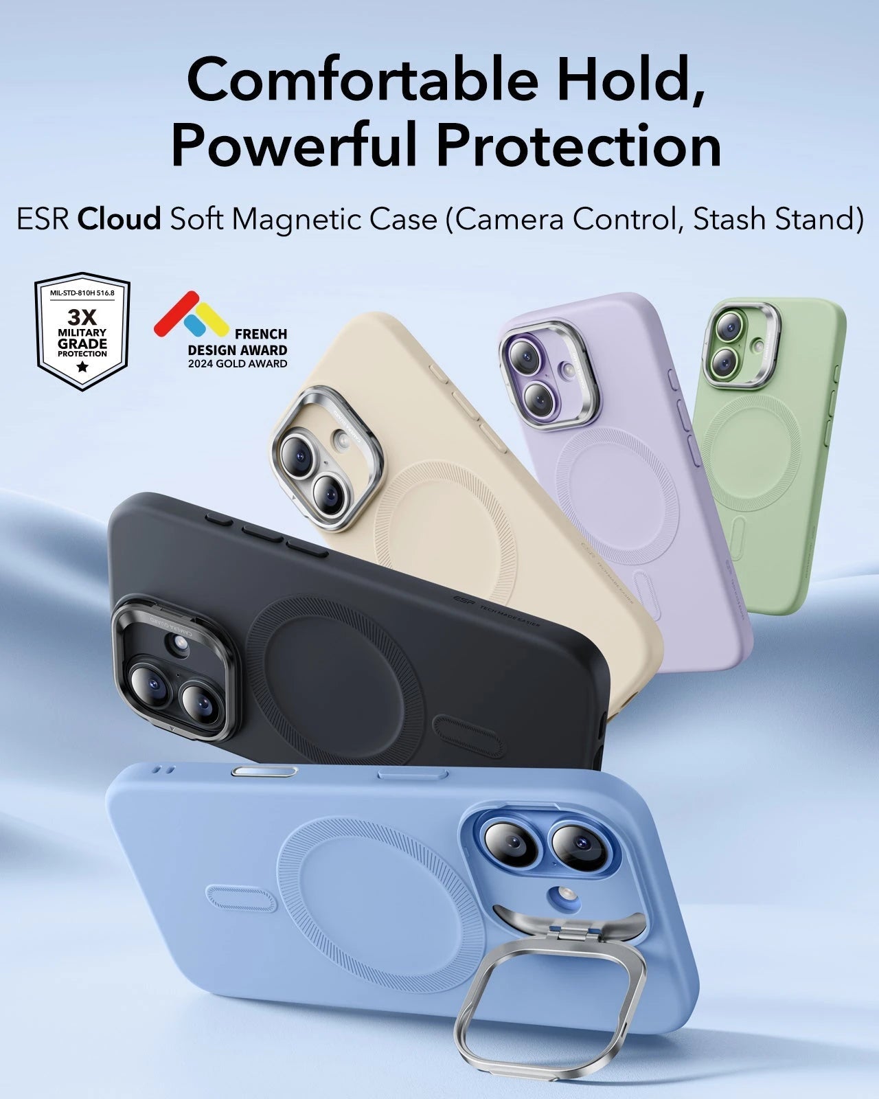 iPhone 17 Silicone Magsafe Case with Stand Mist Blue Comfortable Hold Powerful Protection